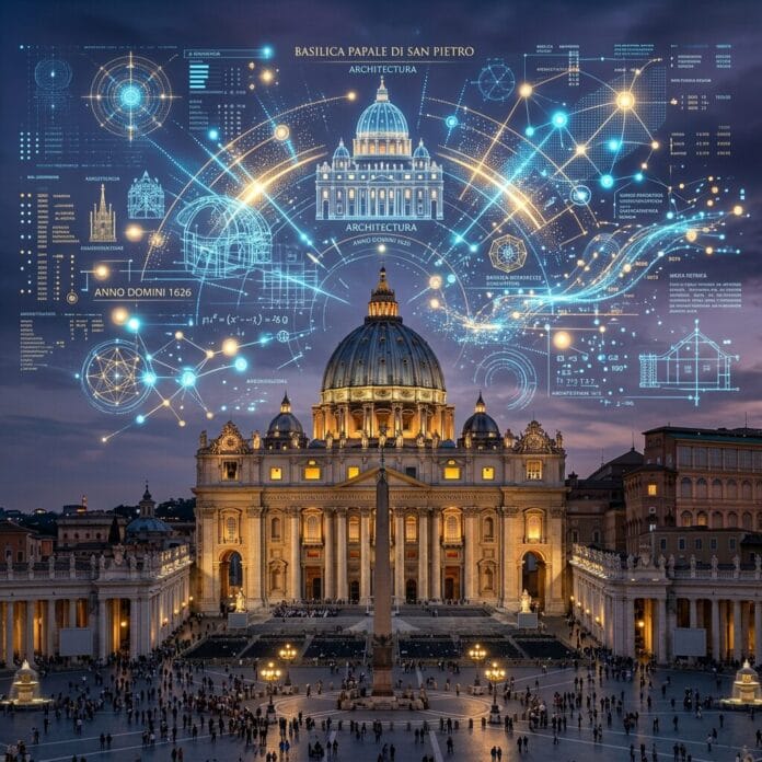 St. Peter's Basilica at dusk with illuminated dome and surrounding plaza, overlaid with blue and gold architectural diagrams and data