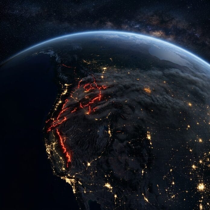 Satellite image of western United States at night showing glowing wildfire areas with smoke and city lights