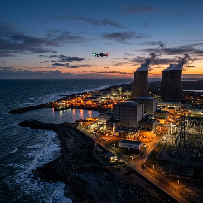 Drone flying over illuminated coastal nuclear power plant with cooling towers at sunset