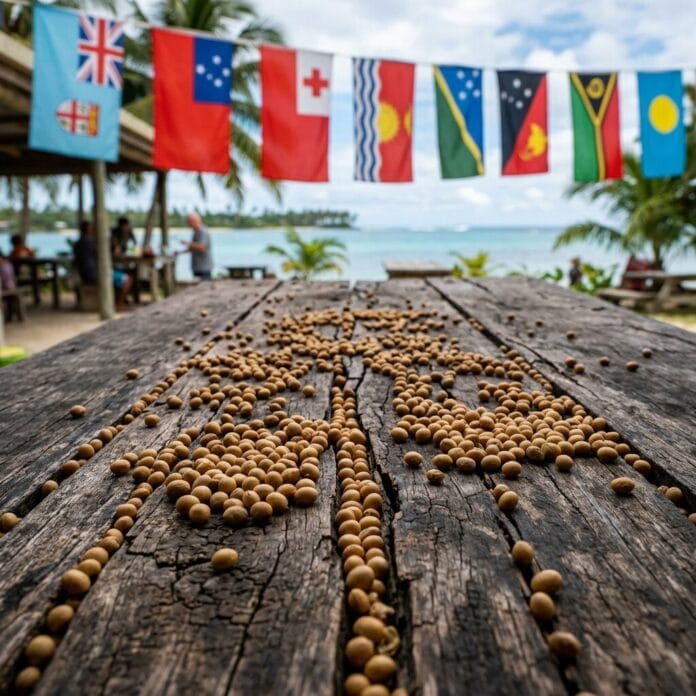 Soybeans spread on a weathered wooden table with Pacific Island flags hanging above near a beach