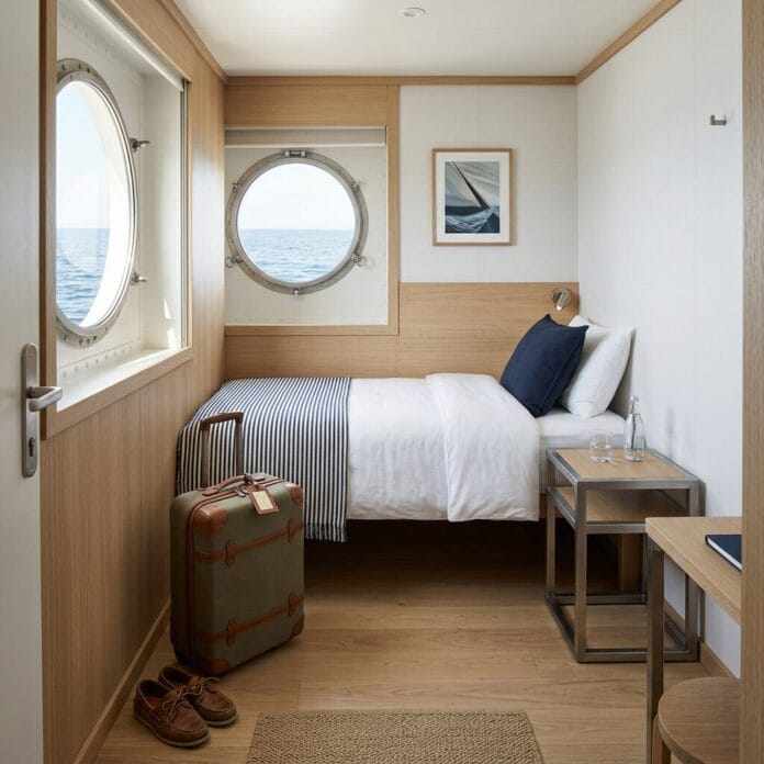 Cozy cruise ship cabin with a single bed, porthole windows, suitcase, and bedside table