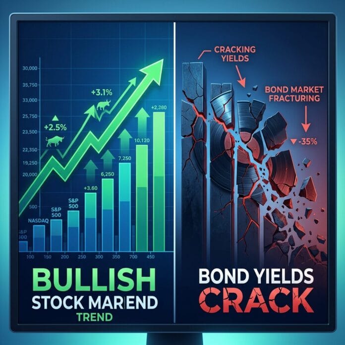 Graph showing rising stock market trends and cracking bond yields with percentage changes