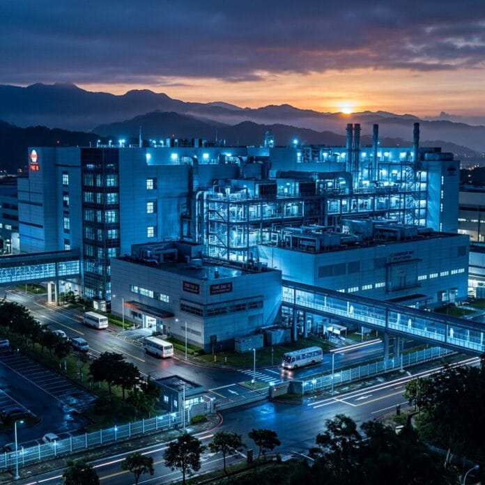 Illuminated industrial plant building with buses and roads at dawn