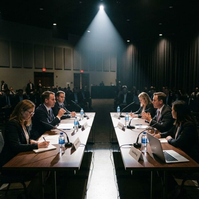 Panel of six professionals discussing at tables with microphones and water bottles in front of an audience
