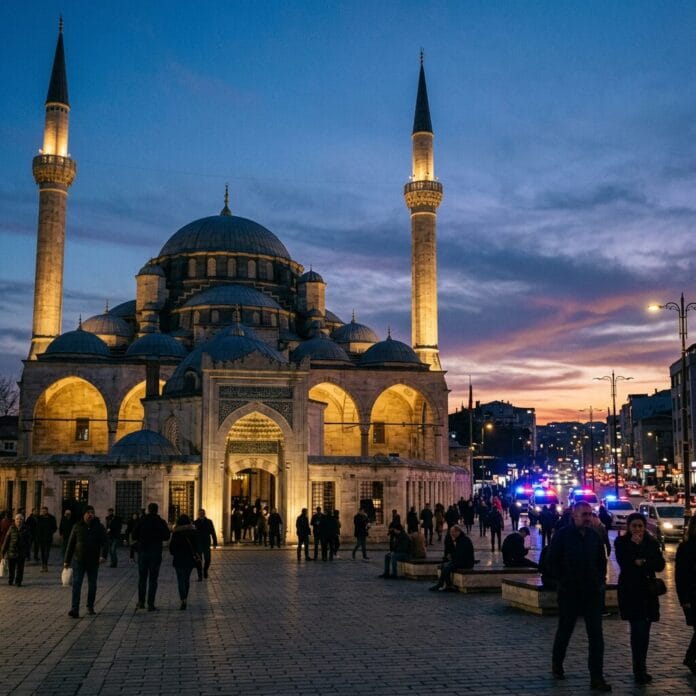 Mosque with two tall minarets illuminated at dusk, people walking nearby under a twilight sky