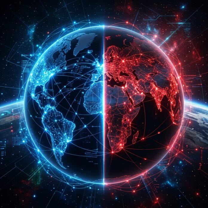 Digital representation of Earth with blue and red network connections across continents.