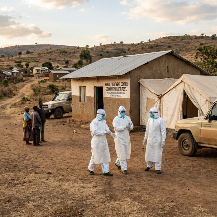Three healthcare workers in full protective suits walking outside a rural treatment center community health post.