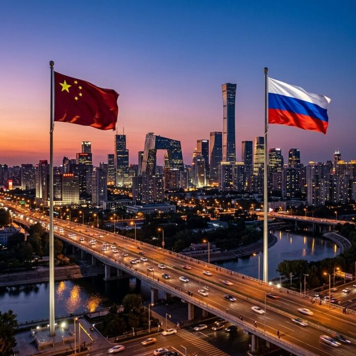 Chinese and Russian flags flying over a highway with Beijing city skyline at sunset