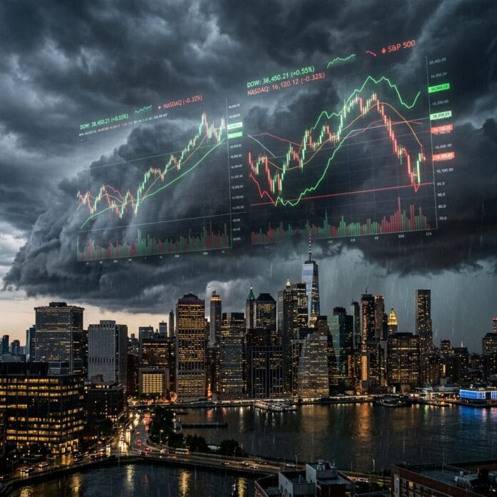 City skyline with stormy clouds and overlaid stock market charts showing Dow, Nasdaq, and S&P 500 trends