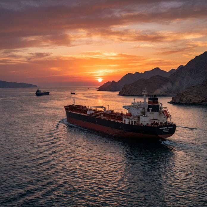 Cargo ship Majestic Orion sailing near rocky coastline during sunset