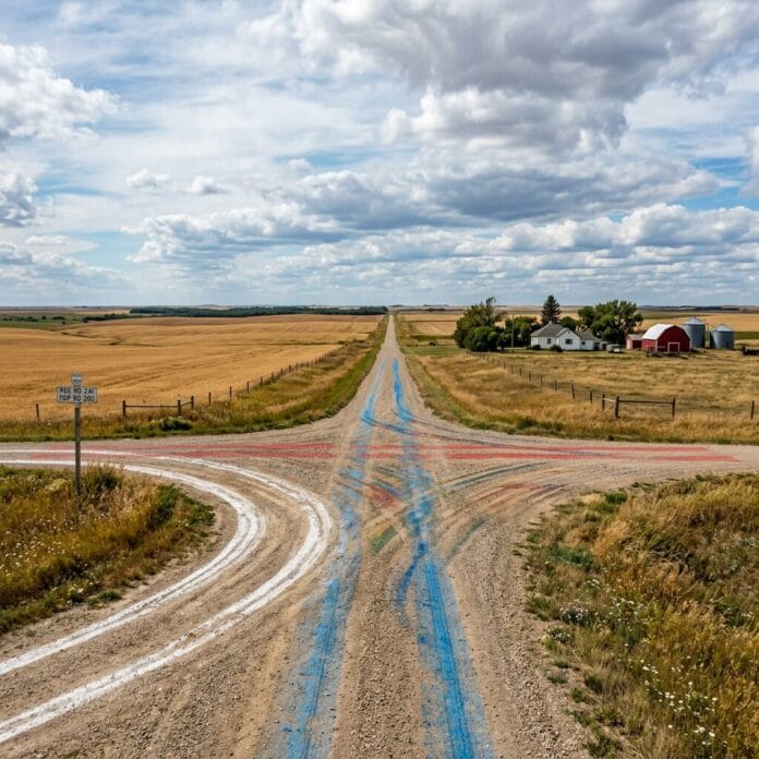 Dirt crossroads with blue, red, and white tire marks amid wide farmland and a farmhouse