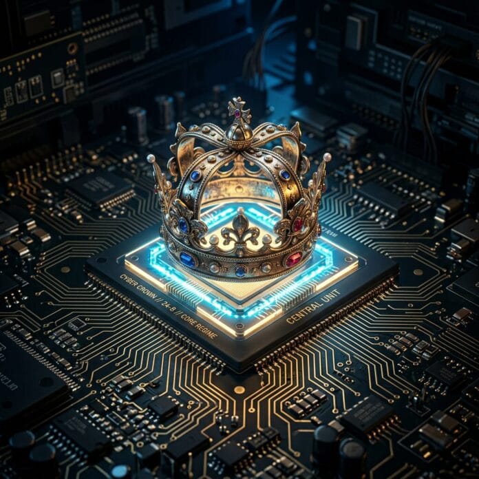 Ornate crown with jewels placed on glowing computer CPU chip surrounded by circuit board