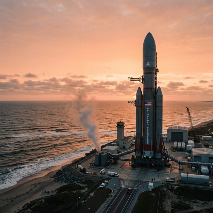 Tall rocket on launch pad near ocean coastline at sunset