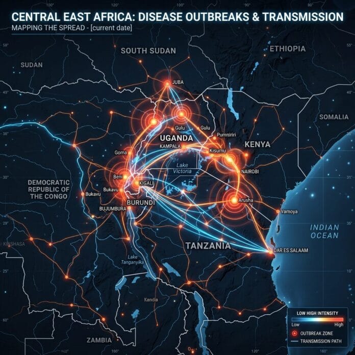 Map of Central East Africa highlighting disease outbreak zones with red circles and transmission paths with blue and orange lines.