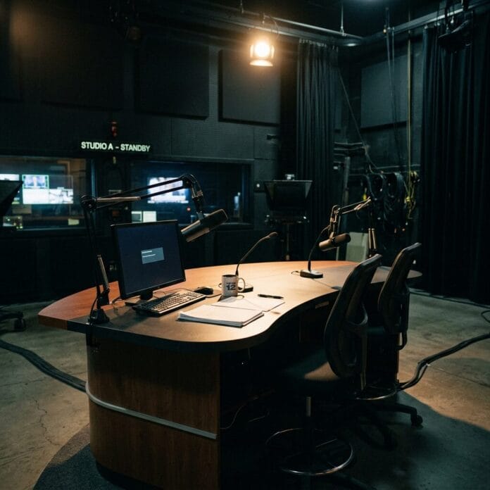 Broadcast studio desk with microphones, computer, chairs, and studio equipment