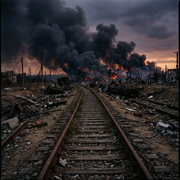 Railroad track surrounded by rubble and thick black smoke from fires in a destroyed area