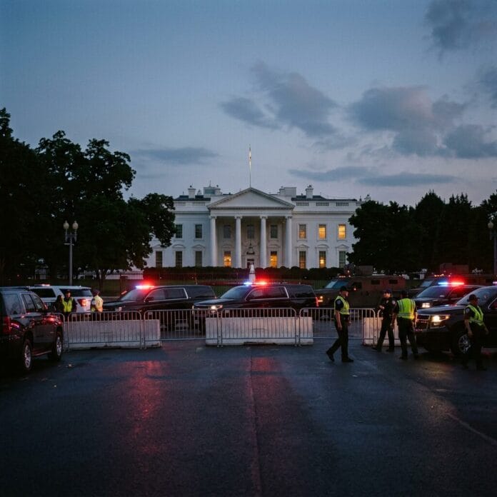 Police vehicles with flashing lights and officers in front of the White House at dusk
