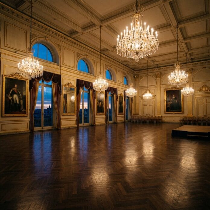 Large historic ballroom with wooden parquet floor, crystal chandeliers, tall windows, and classic portraits on walls