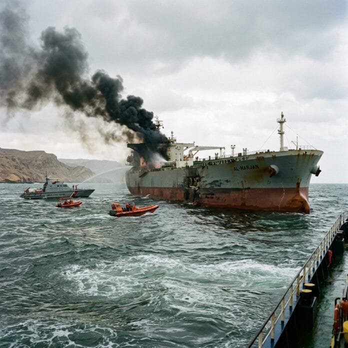 Cargo ship Al-Marjan with black smoke and rescue boats spraying water
