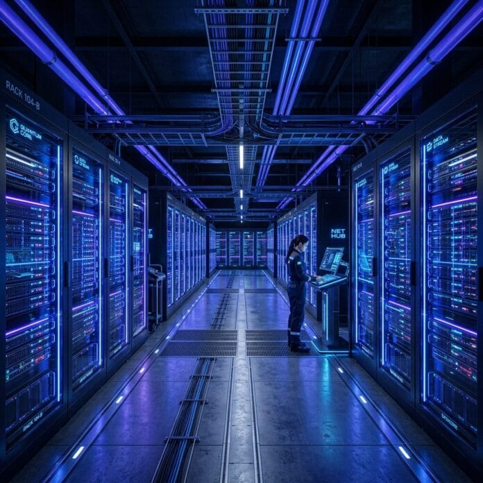 Technician working on a computer console in a neon-lit server room with rows of servers