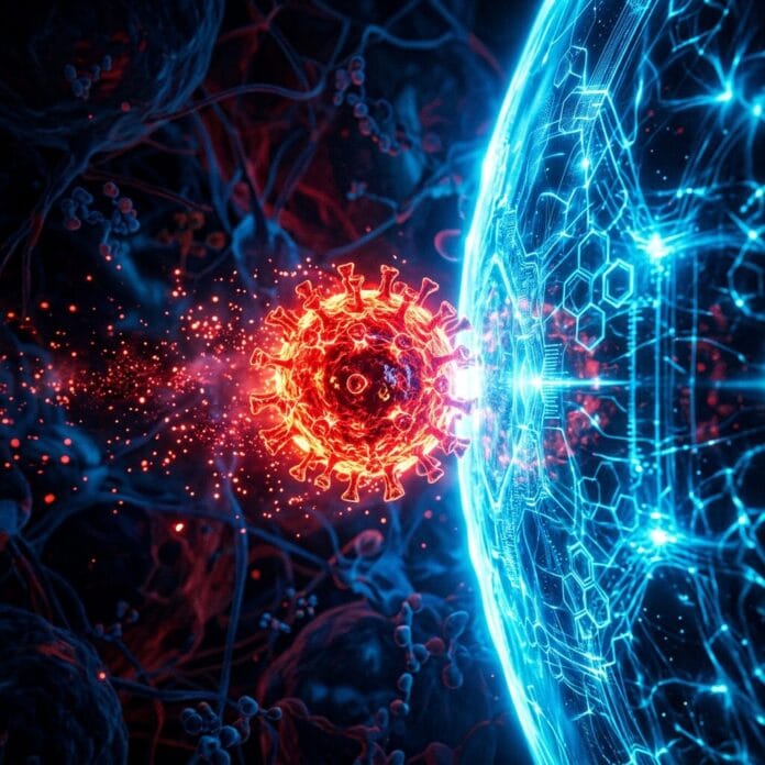 Red virus particle near a glowing blue digital shield with hexagonal patterns