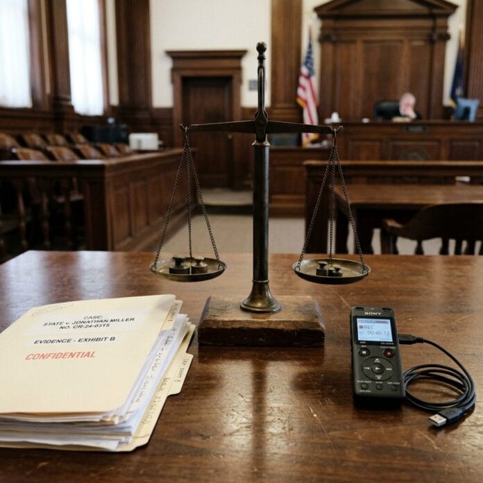 Scales of justice, confidential case file folder labeled 'State v. Jonathan Miller', and a digital audio recorder on wood table in courtroom