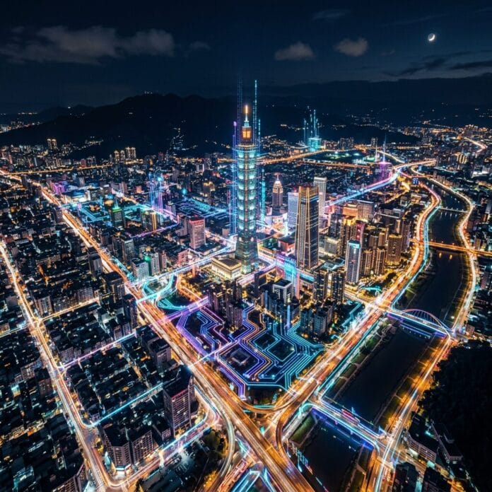 Nighttime aerial view of a city with bright neon lights and illuminated skyscrapers