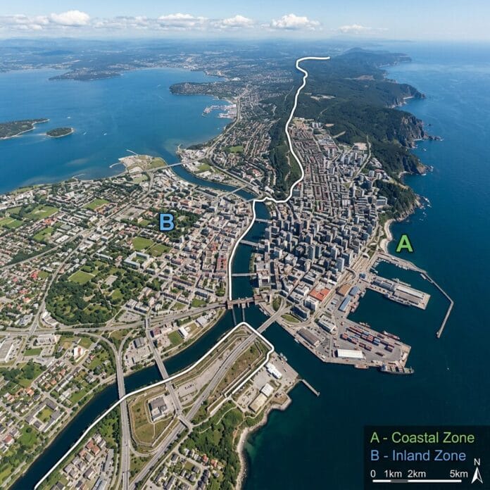 Aerial divided coastal city with boundary lines