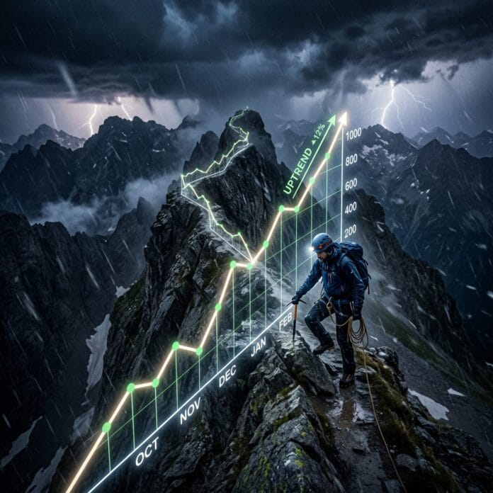 Climber on rocky mountain ridge with illuminated upward financial graph and stormy sky