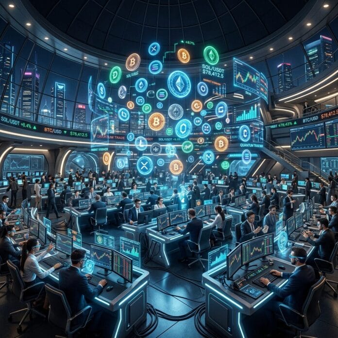 Futuristic trading floor with glowing token holograms