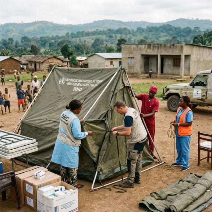 Healthcare workers setting up a WHO tent in a rural area in the Democratic Republic of Congo