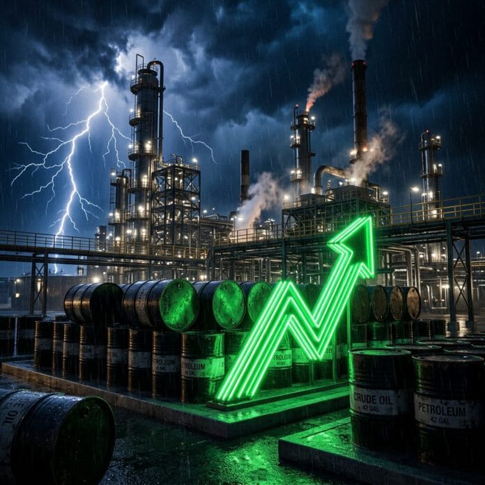 Oil refinery with barrels and green arrow showing rising trend during storm and lightning