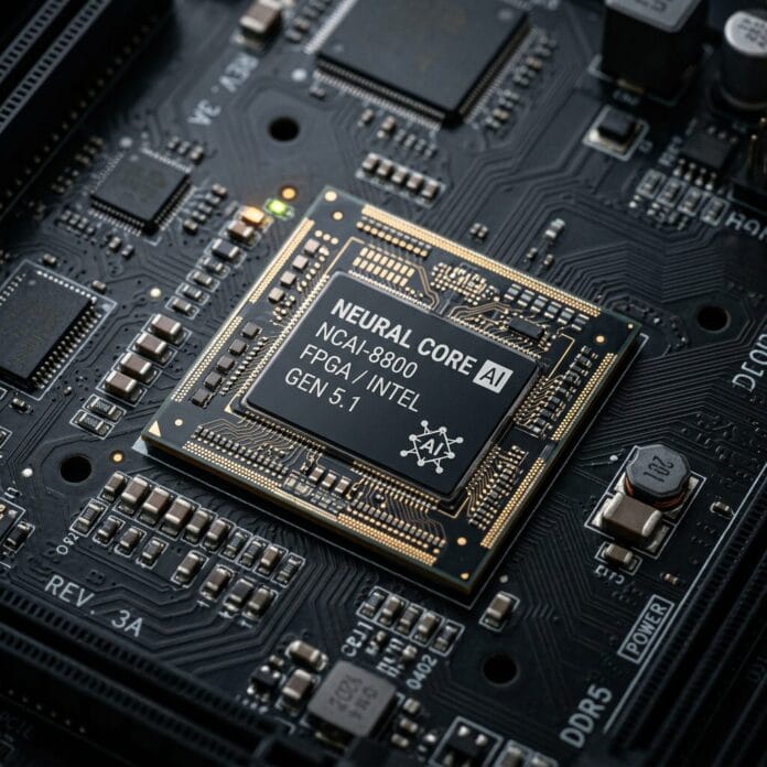 Neural Core AI NCAI-8800 FPGA Intel GEN 5.1 chip mounted on black circuit board