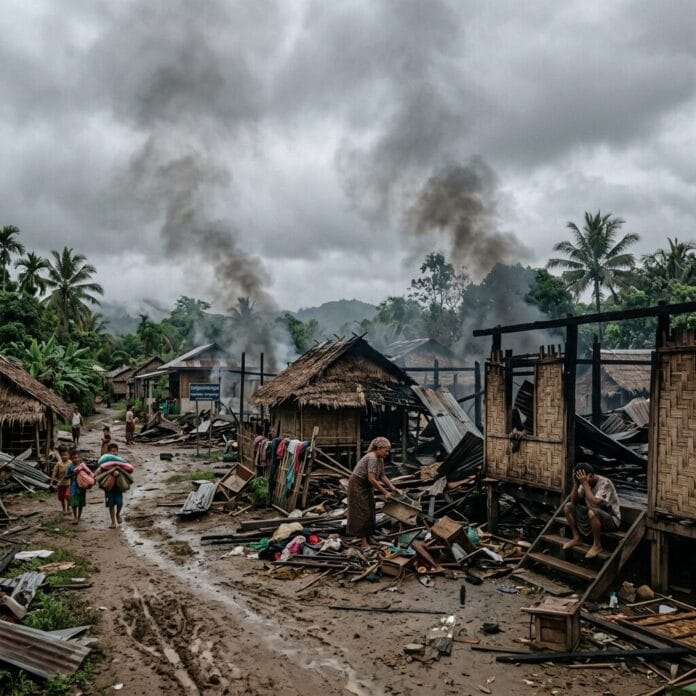 Damaged village with smoke rising and villagers amid ruins