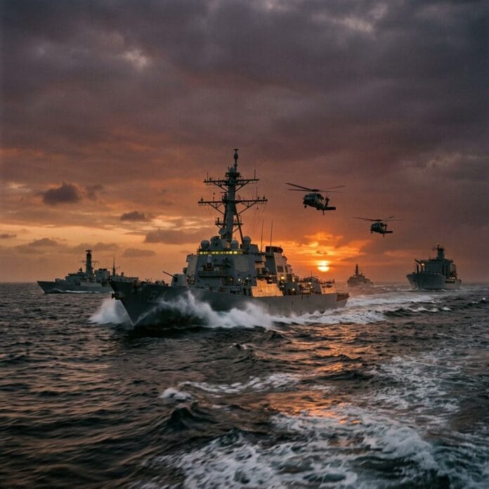 Naval ships sailing in formation with two helicopters flying overhead at sunset