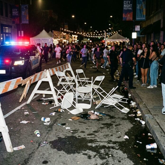 City street cluttered with overturned chairs and litter, police car with flashing lights and officers managing crowd at night