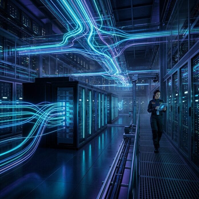 Technician checking servers in a data center with blue digital network lines