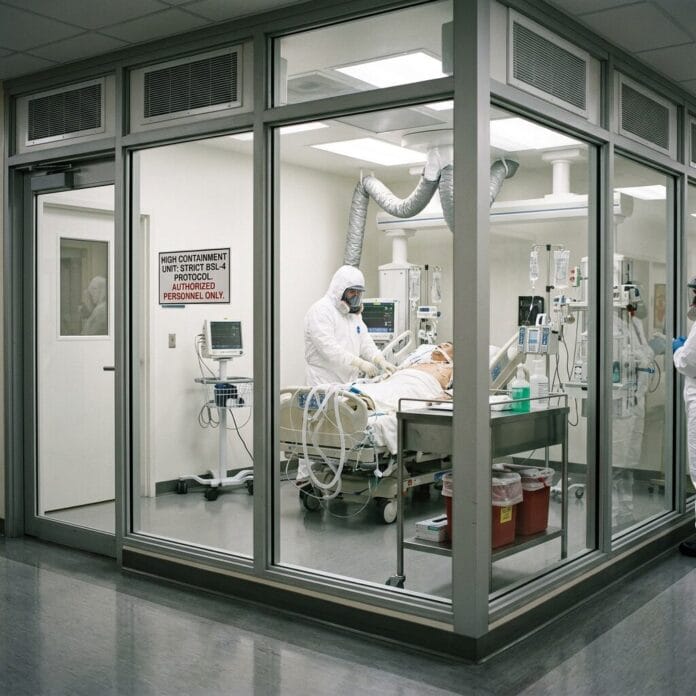 Healthcare workers in hazmat suits attend to a patient on a hospital bed in a high-containment isolation unit.
