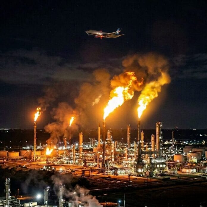 Airplane flying over an illuminated industrial refinery with several gas flares burning at night