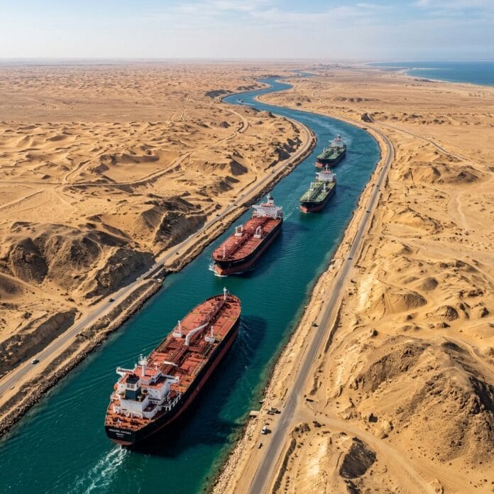 Four cargo ships moving through a narrow waterway in a sandy desert landscape