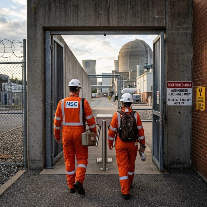 Two workers in orange safety suits and white helmets entering a restricted nuclear power plant area