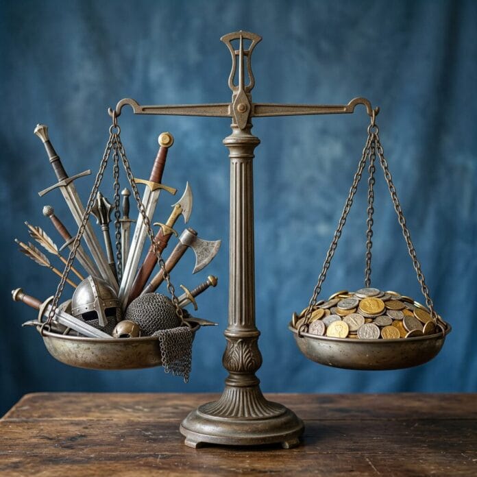 Antique balance scale with medieval weapons on one side and coins on the other