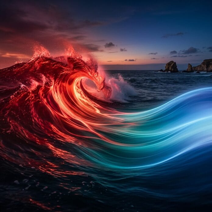Ocean wave with flowing red and blue light effects curling at sunset by rocky coast