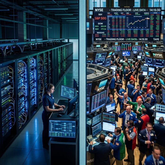 Data center operator working on computers alongside busy New York Stock Exchange trading floor with traders and stock market screens