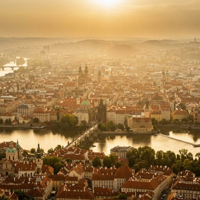 Aerial view of Prague city with Charles Bridge over the Vltava River during sunset