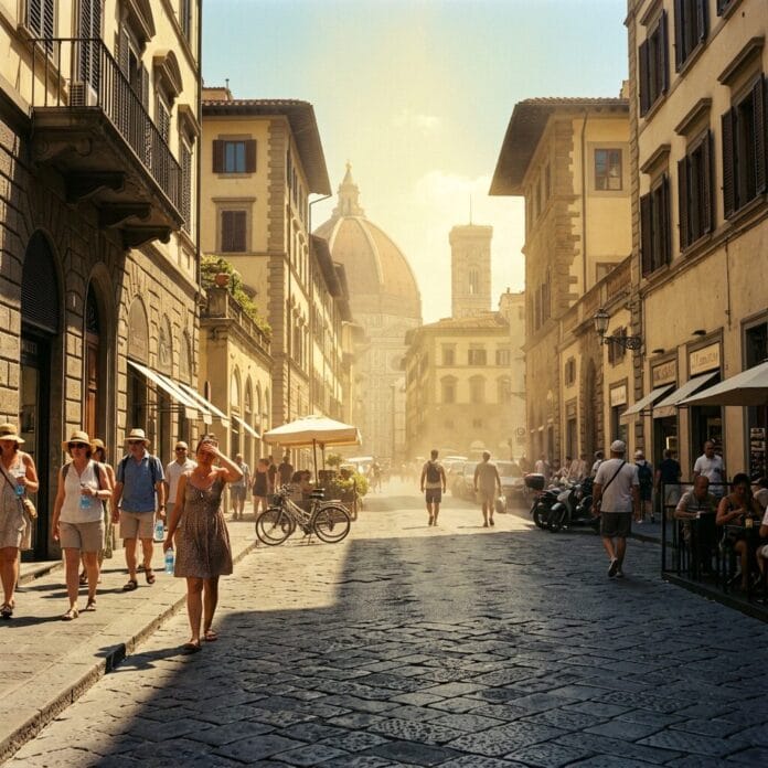 Street in Florence with pedestrians, historic buildings, and cathedral dome visible