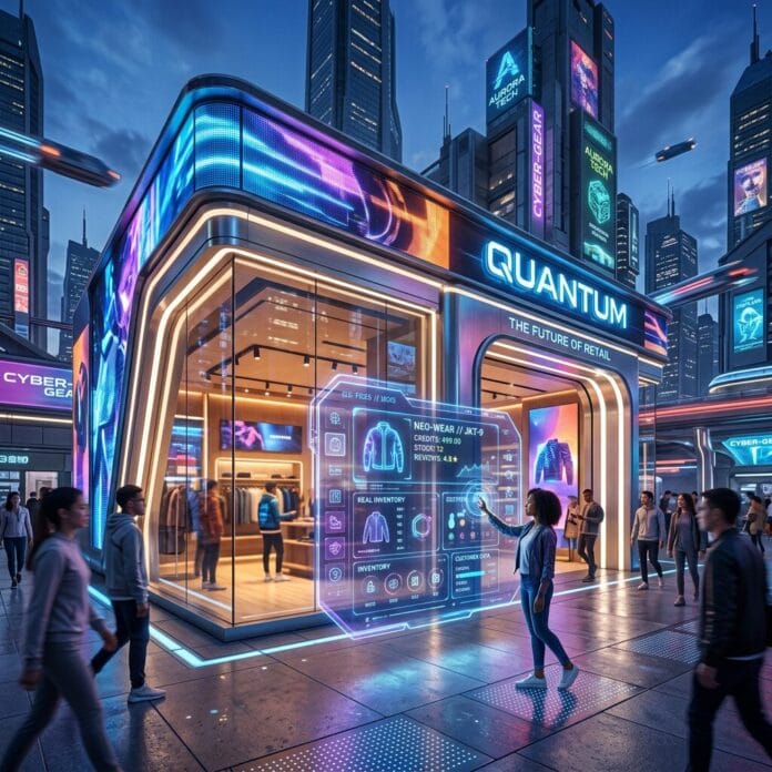 Person using holographic touchscreen interface outside futuristic retail store Quantum