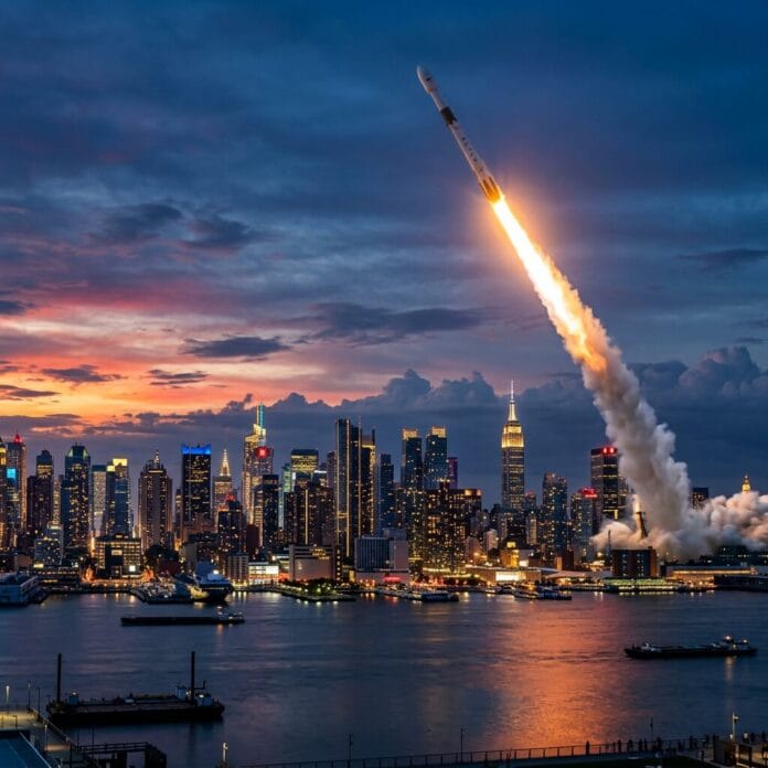 Rocket launching with flame and smoke over a city skyline at dusk