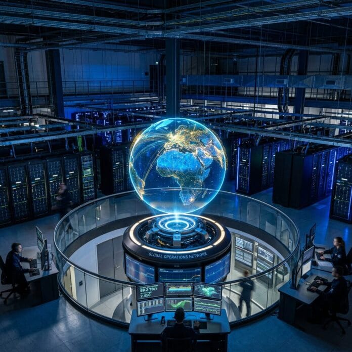 Control room with technicians monitoring a holographic globe and multiple data screens