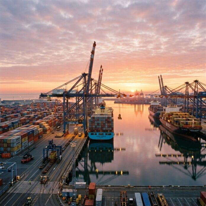 Busy shipping port at sunset Container ships and cranes at a busy shipping port at sunset